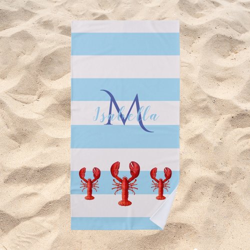Light blue white stripes red lobsters name beach towel