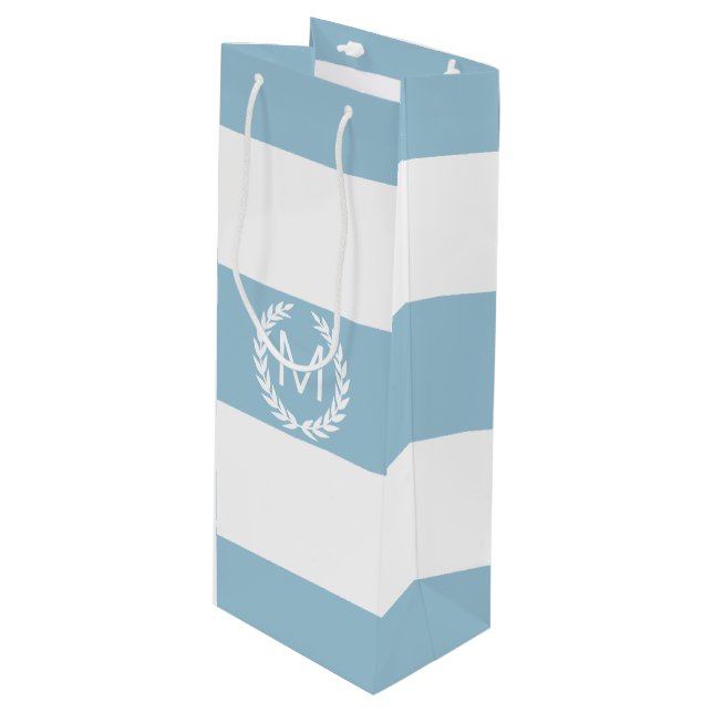 Light Blue & White Wide Stripe with Monogram Wine Gift Bag (Front Angled)