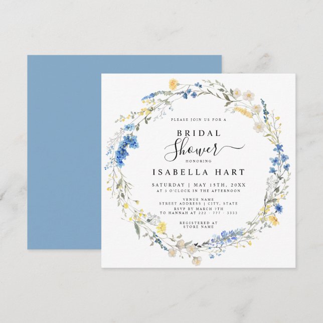 Light Blue Wild Floral Dainty Dusty Bridal Shower Invitation (Front/Back)