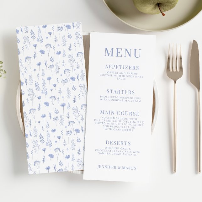 Light blue wildflower garden wedding menu cards (Creator Uploaded)