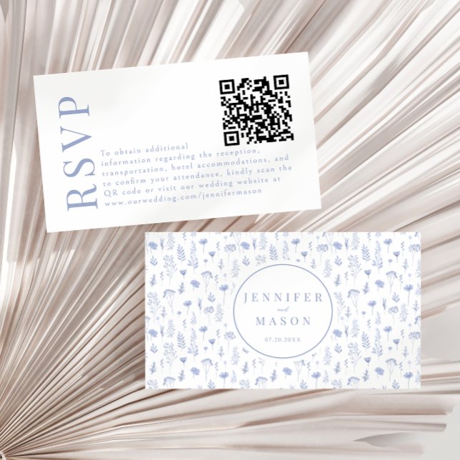 Light blue wildflower wedding RSVP QR code cards (Creator Uploaded)