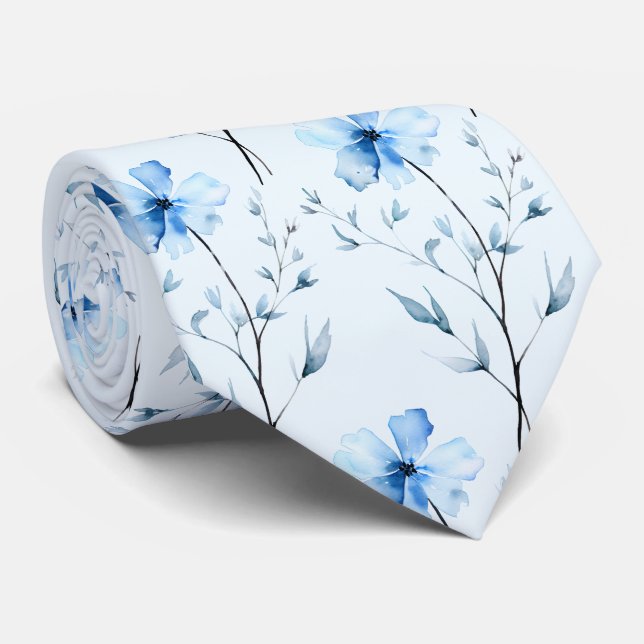 Light Blue Wildflowers Neck Tie (Rolled)