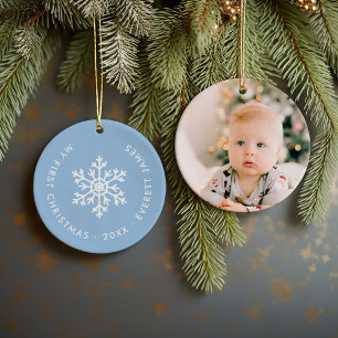 Light Blue Winter Snowflake First Christmas Photo Ceramic Ornament