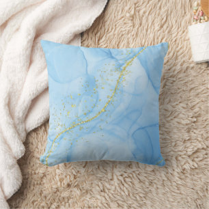  Light Blue with Gold Strands Liquid Art Throw Pillow