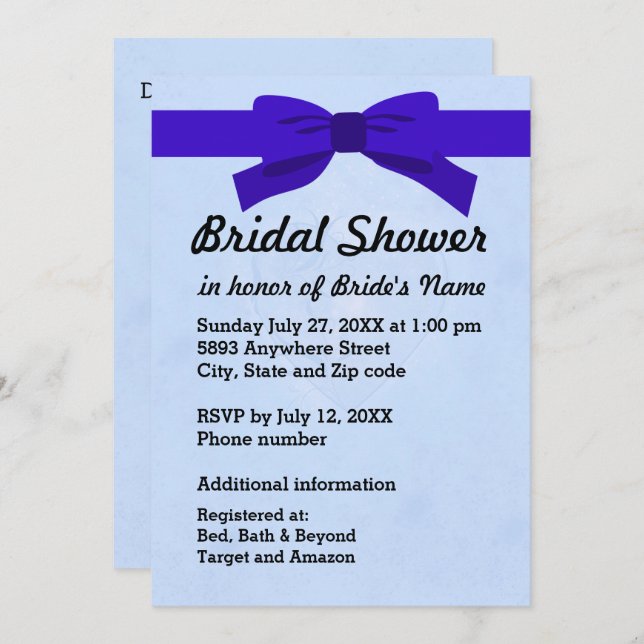 Light Blue with Heart & Blue Bow Bridal Shower Invitation (Front/Back)