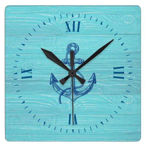 Light-Blue Wood And Navy-Blue Nautical Anchor Square Wall Clock