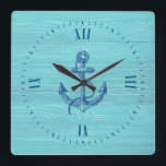 Light-Blue Wood And Navy-Blue Nautical Anchor Square Wall Clock<br><div class="desc">Light blue faux wood planks pattern with a navy-blue nautical boat anchor.</div>