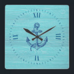 Light-Blue Wood And Navy-Blue Nautical Anchor Square Wall Clock<br><div class="desc">Light blue faux wood planks pattern with a navy-blue nautical boat anchor.</div>