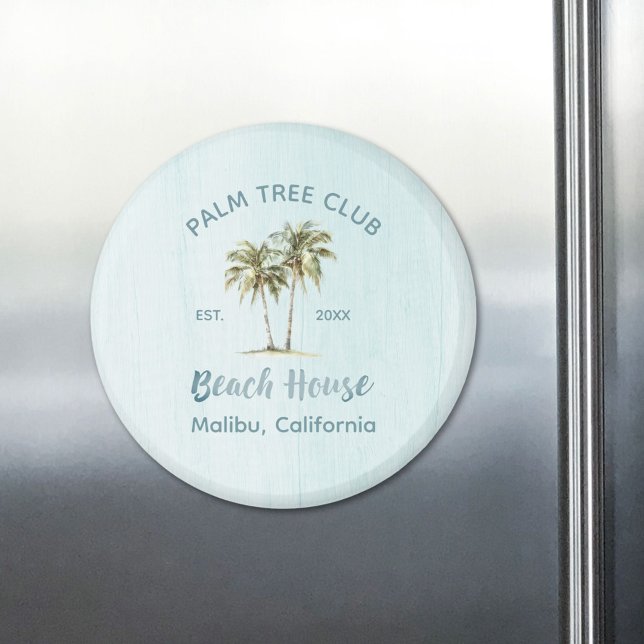 Light Blue Wood Coconut Palm Trees Beach House Magnet (In situ)