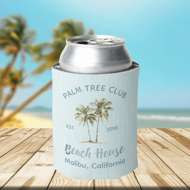 Light Blue Wood Palm Trees Modern Beach House Can Cooler (In situ, beach)