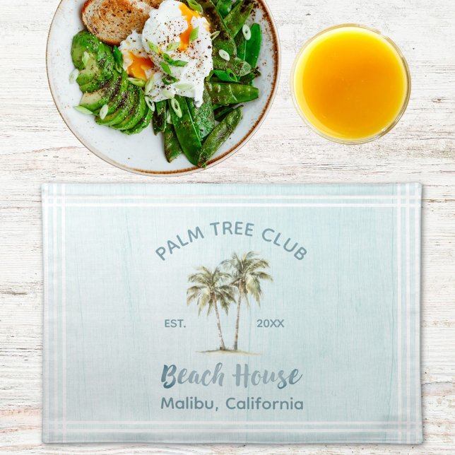 Light Blue Wood Palm Trees Modern Beach House Cloth Placemat (In situ)