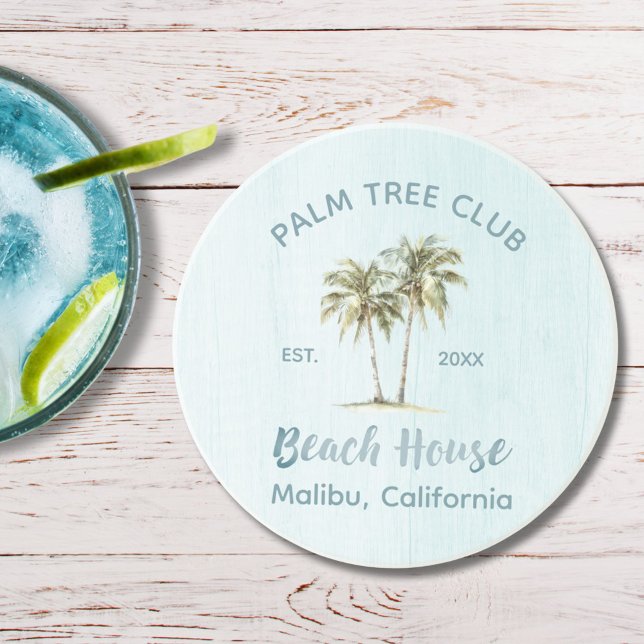 Light Blue Wood Palm Trees Modern Beach House Coaster (In situ)
