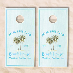 Light Blue Wood Palm Trees Modern Beach House Cornhole Set