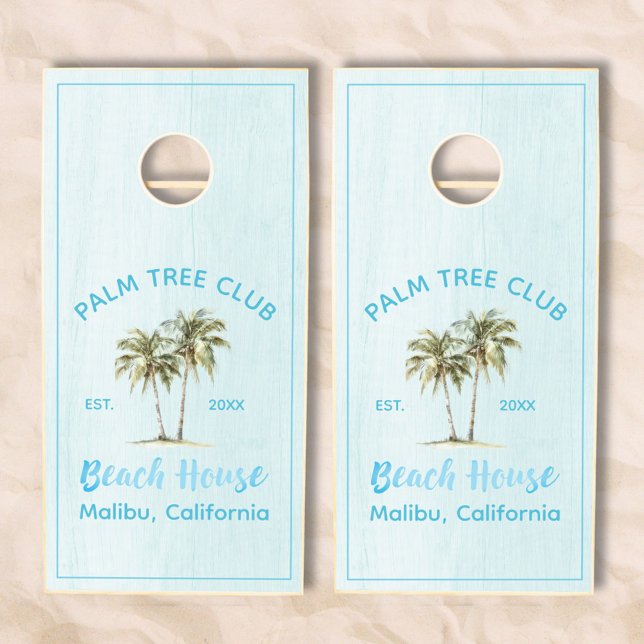 Light Blue Wood Palm Trees Modern Beach House Cornhole Set (In situ, beach)