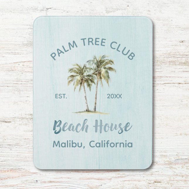 Light Blue Wood Palm Trees Modern Beach House Door Sign (In situ)