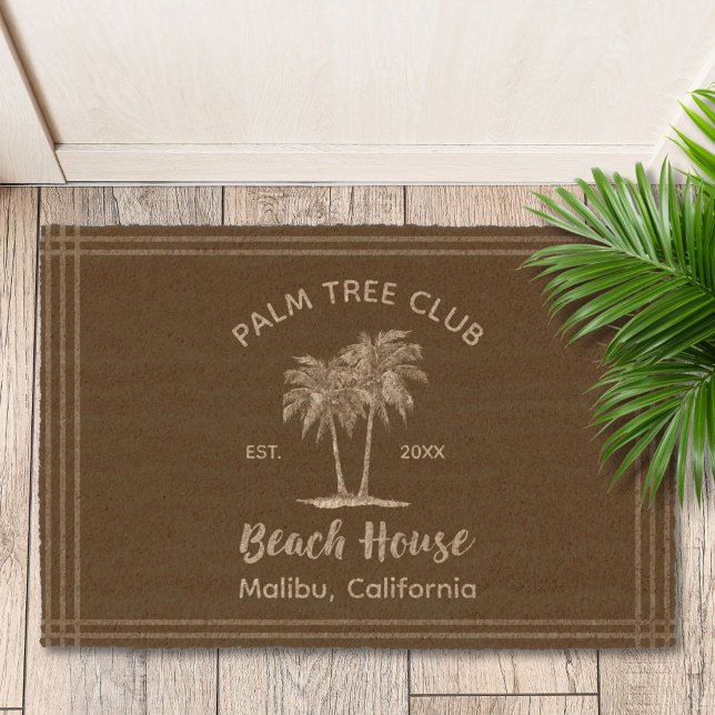 Light Blue Wood Palm Trees Modern Beach House Fiber Doormat (In situ)