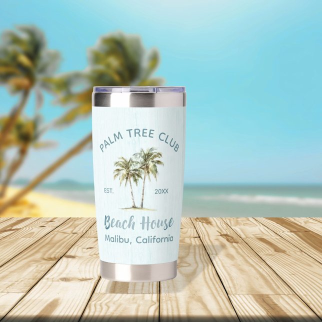 Light Blue Wood Palm Trees Modern Beach House Insulated Tumbler (In situ, beach)