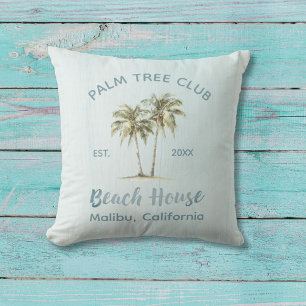 Light Blue Wood Palm Trees Modern Beach House Outdoor Pillow