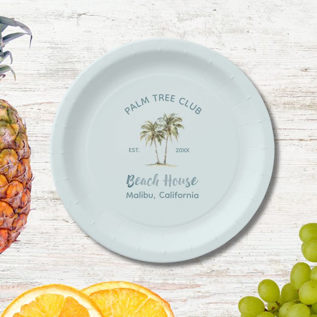 Light Blue Wood Palm Trees Modern Beach House Paper Plates (In situ)