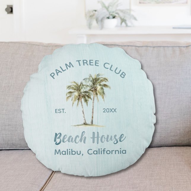 Light Blue Wood Palm Trees Modern Beach House Round Pillow (In situ)