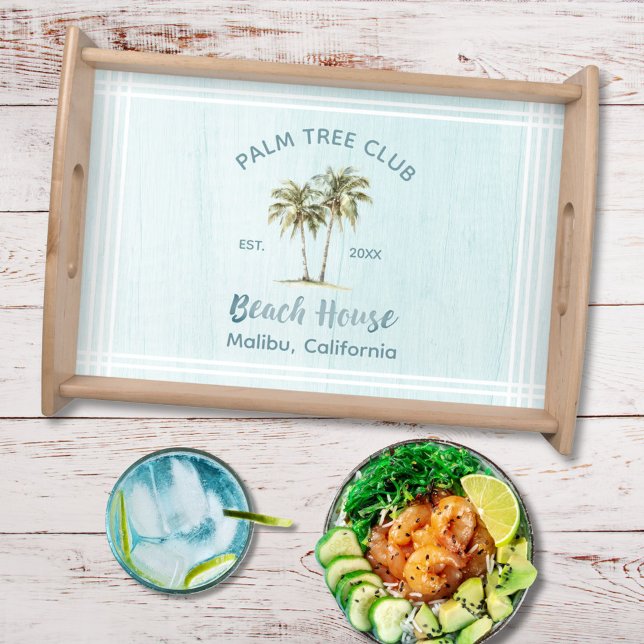Light Blue Wood Palm Trees Modern Beach House Serving Tray (In situ)
