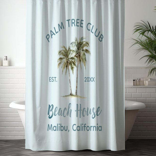 Light Blue Wood Palm Trees Modern Beach House Shower Curtain (In situ)