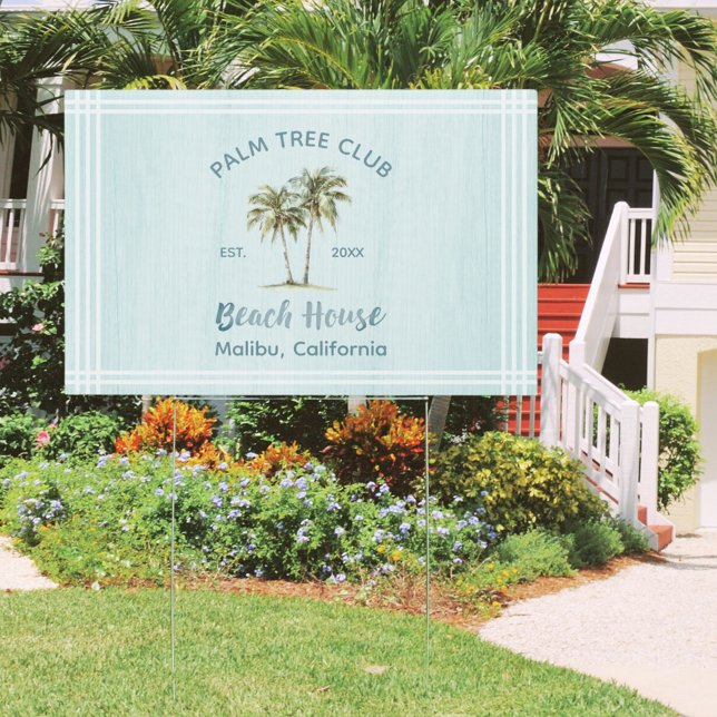 Light Blue Wood Palm Trees Modern Beach House Sign (In situ, beach house)
