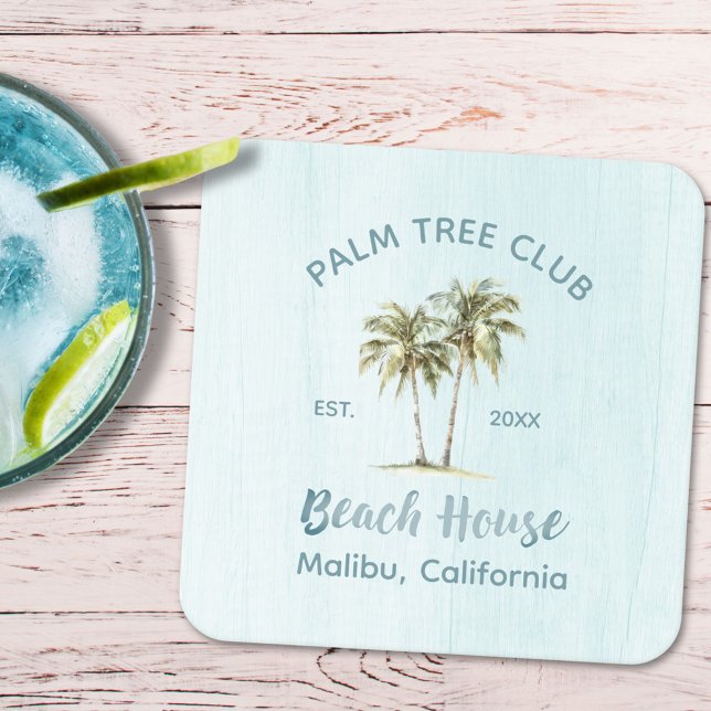 Light Blue Wood Palm Trees Modern Beach House Square Paper Coaster (In situ)