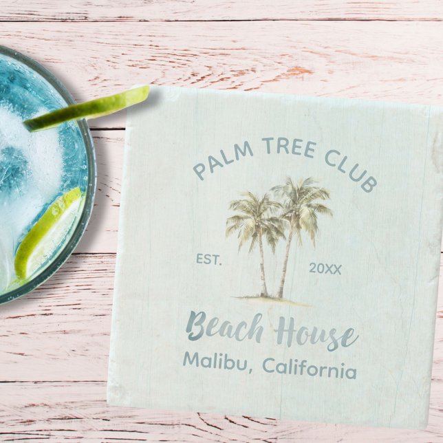 Light Blue Wood Palm Trees Modern Beach House Stone Coaster (In situ)