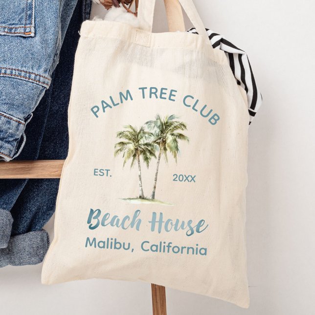 Light Blue Wood Palm Trees Modern Beach House Tote Bag (In situ)