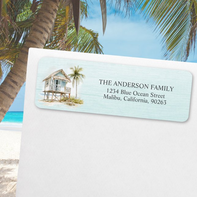 Light Blue Wood Rustic Beach House Return Address Label (In situ, beach)