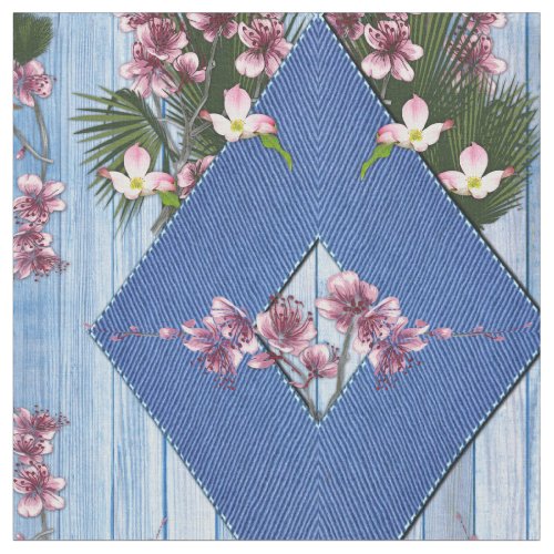 Light blue wood texture_blue ribbing  flowers fabric