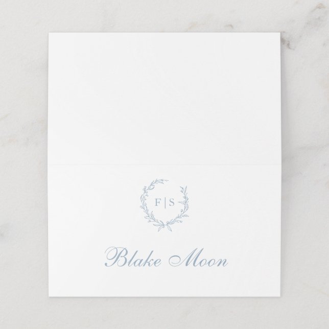 Light Blue Wreath Monogram Place Cards (Outside Unfolded)