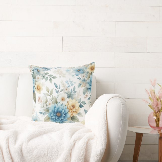 Light Blue Yellow Floral on White  Throw Pillow (Couch)