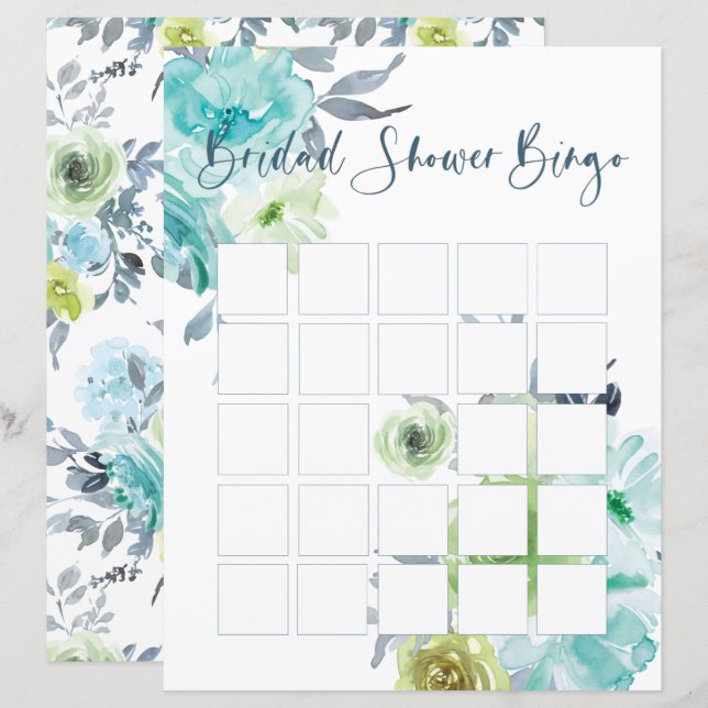 Light Blue Yellow Green Floral Bridal Shower Bingo (Front/Back)