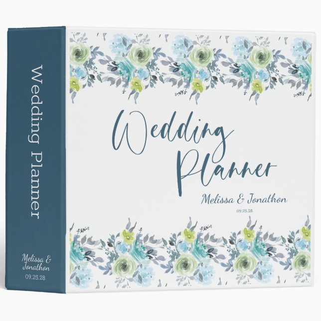 Light Blue Yellow Green Floral Wedding Planner 3 Ring Binder (Front/Spine)