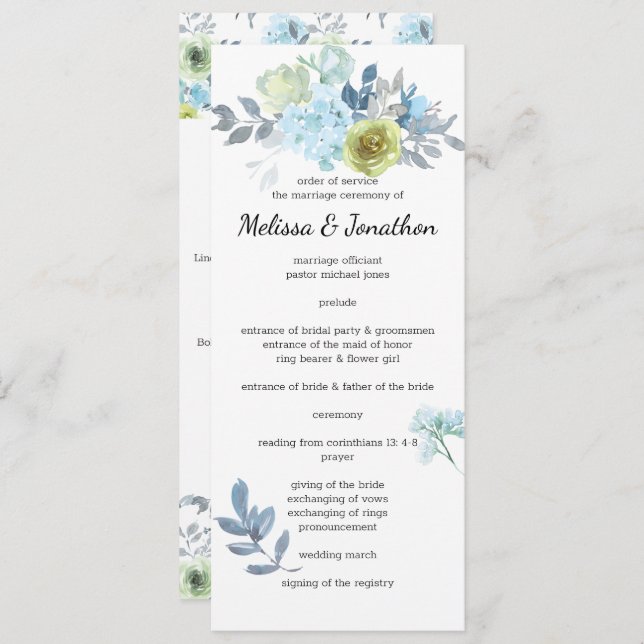 Light Blue Yellow Green Floral Wedding Program (Front/Back)