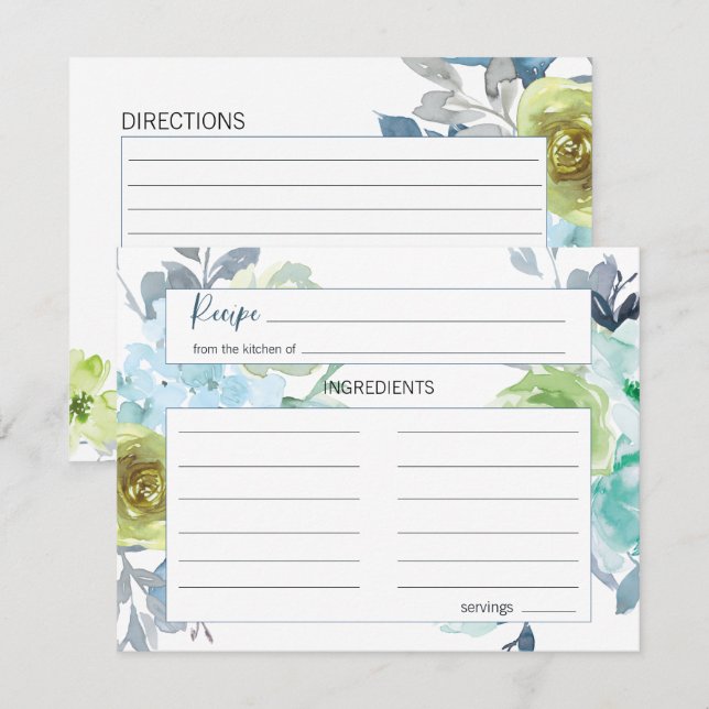 Light Blue Yellow Green Floral Wedding Recipe Card (Front/Back)
