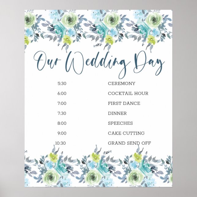 Light Blue Yellow Green Floral Wedding Schedule Poster (Front)