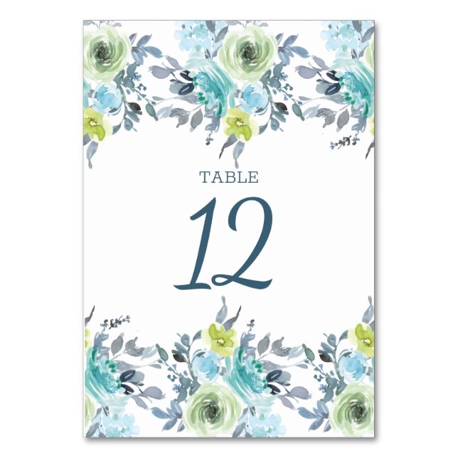 Light Blue Yellow Green Floral Wedding Table Number (Front)