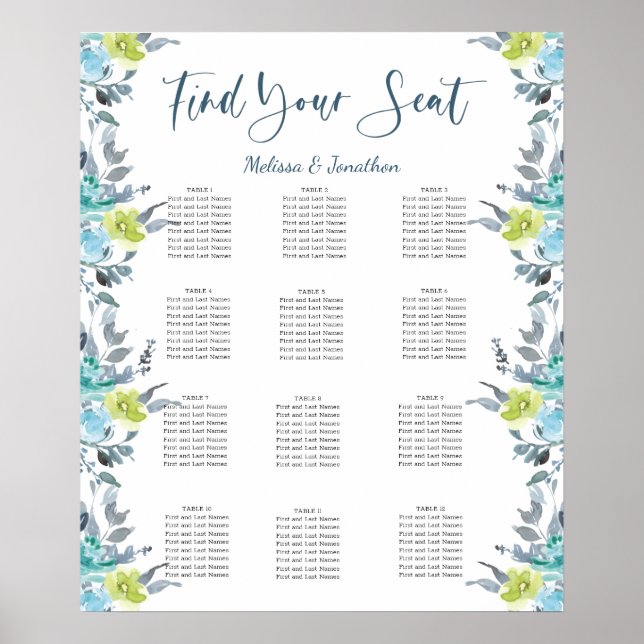 Light Blue Yellow Green Wedding Seating Chart (Front)