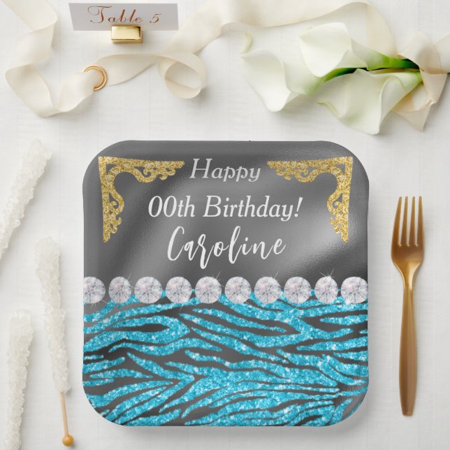 Light Blue Zebra Print & Gold Silver Birthday Paper Plates (Wedding)