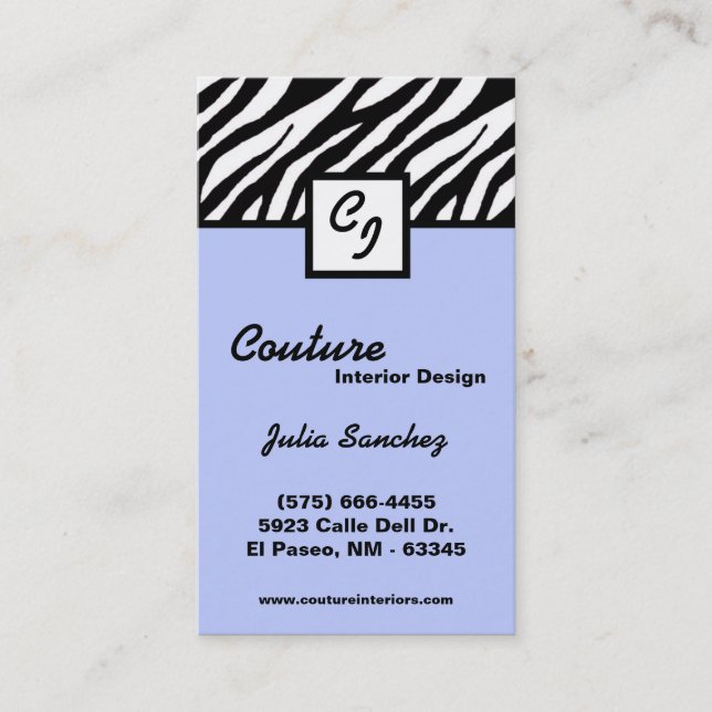 Light Blue Zebra Print Personalize Business Card (Front)