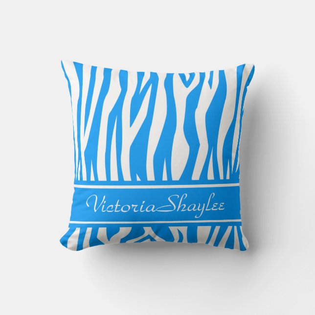 Light Blue Zebra Print with custom text Throw Pillow (Front)