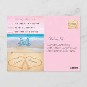 Light Blus Pink 2 Heart Sand Beach Wedding RSVP Postcard