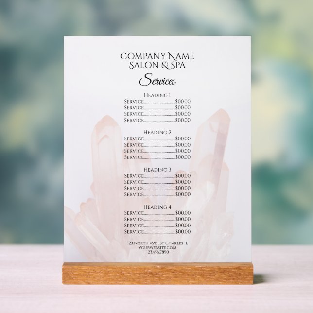 Light Blush Pink Crystals Salon Spa Services Menu Acrylic Sign (Neutral)