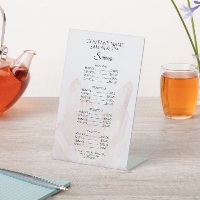 Light Blush Pink Crystals Spa Salon Services Menu Pedestal Sign (In SItu)