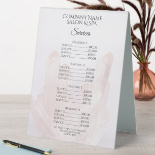 Light Blush Pink Crystals Spa Salon Services Menu Table Tent
