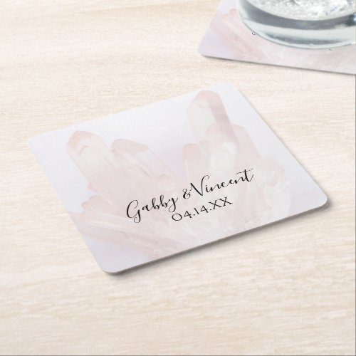 Light Blush Pink Crystals Wedding Square Paper Coaster