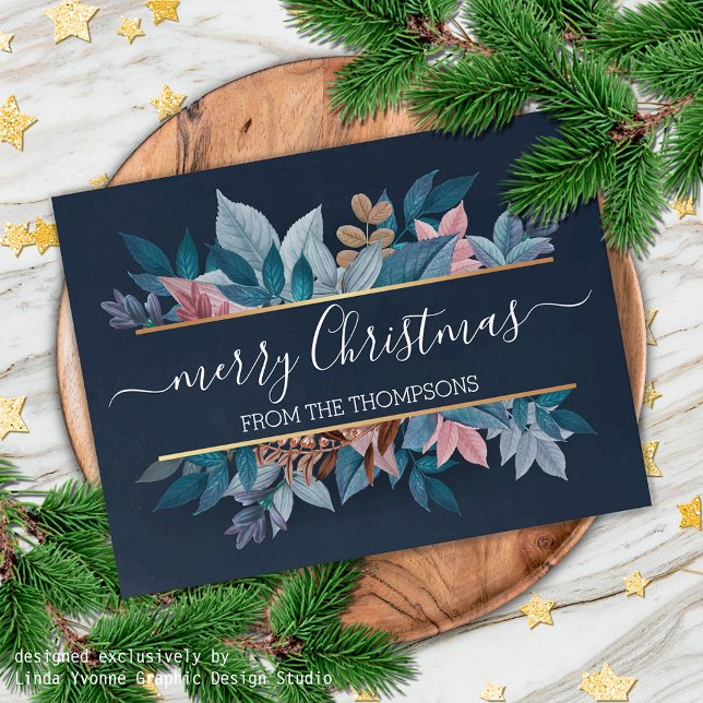 Light Blush Pink Floral Foliage On Dark Blue Holiday Card (Creator Uploaded)